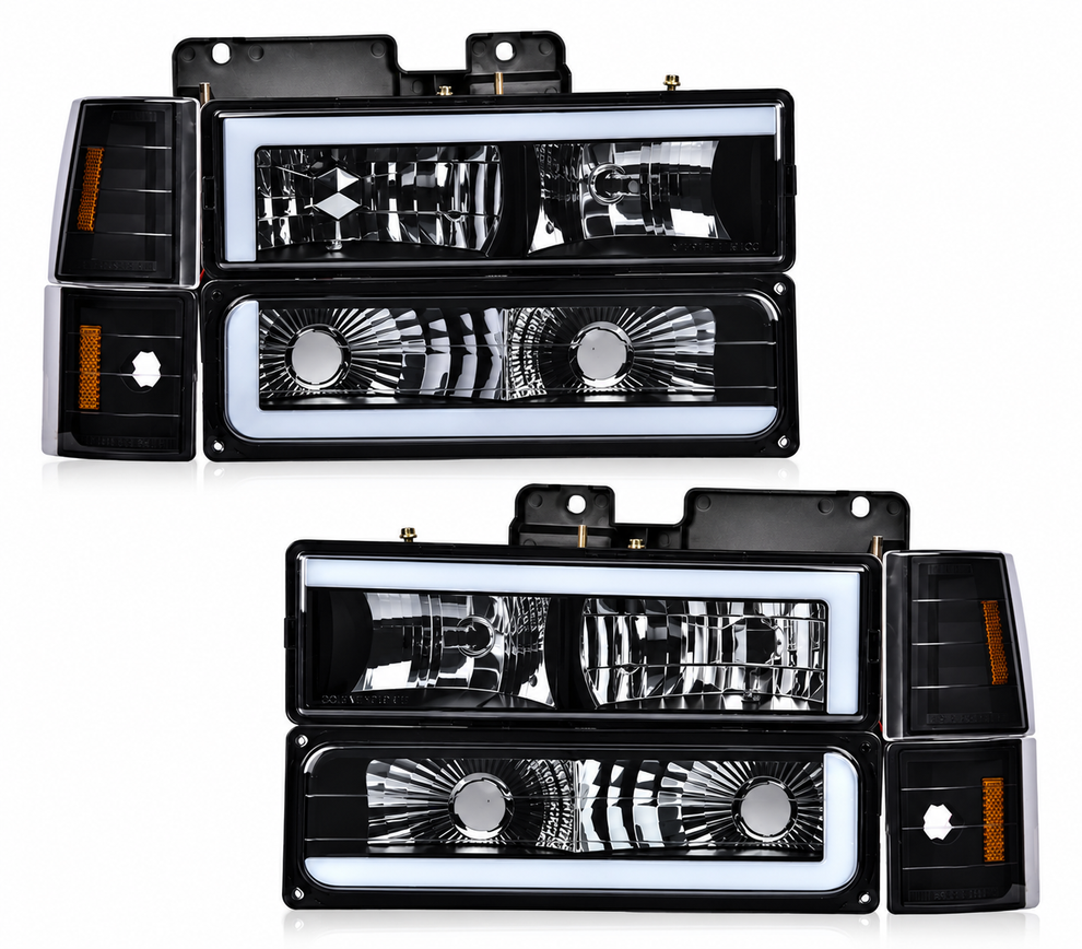 1994-1998 C10 C/K Silverado Black Housing LED DRL + Amber Corner Headl ...